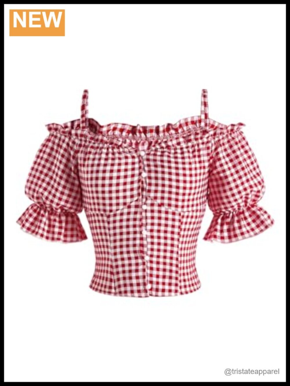 Women's Gingham Cold Shoulder Ruffle Sleeve Button Down Top